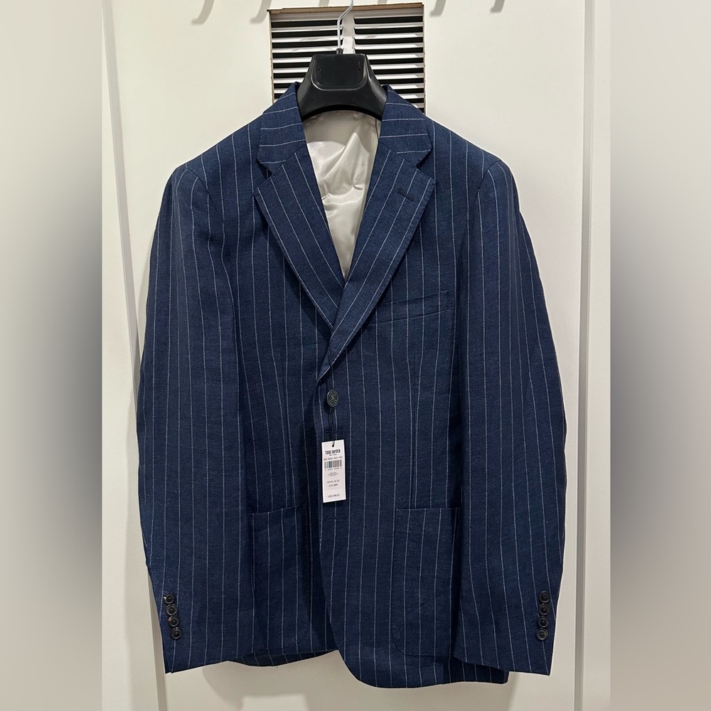 Italian Linen Madison Suit Jacket in Naval Blue Pinstripe